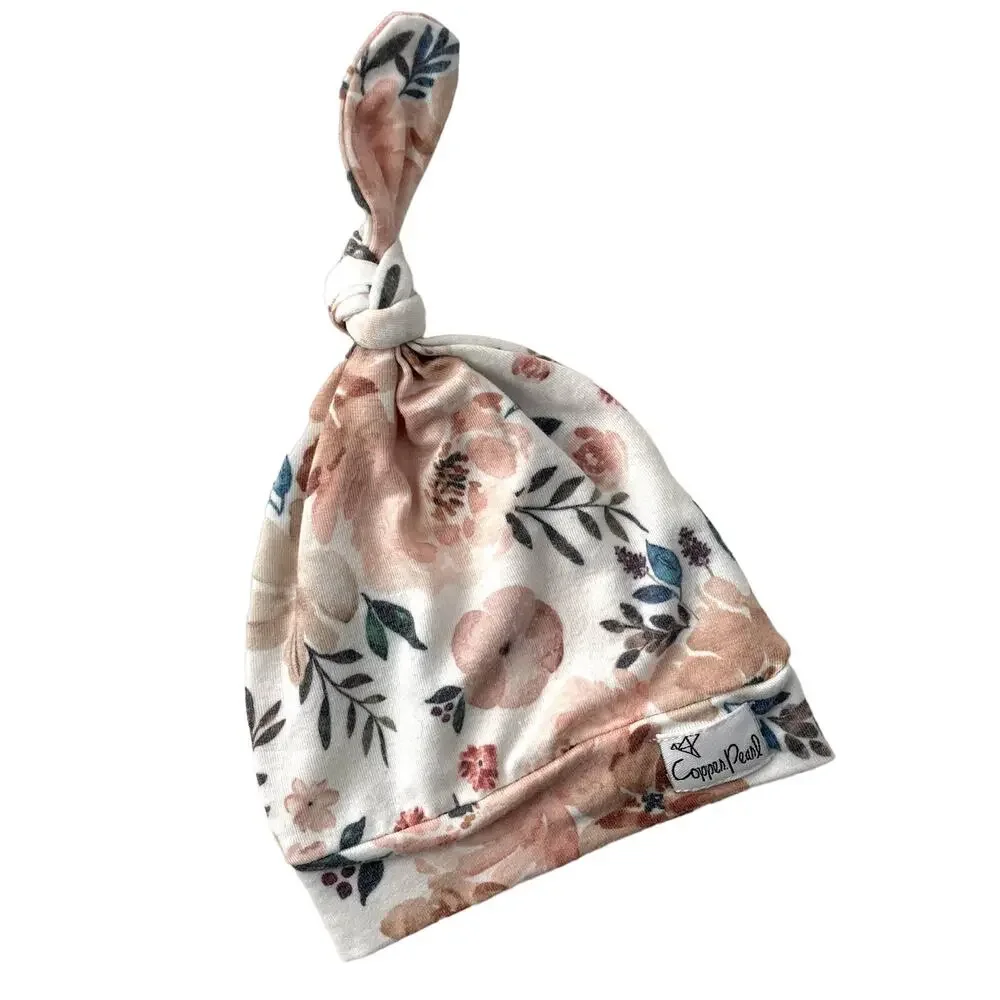 Copper Pearl Top Knot Baby Hat - Floral - Pink White - 0-4M